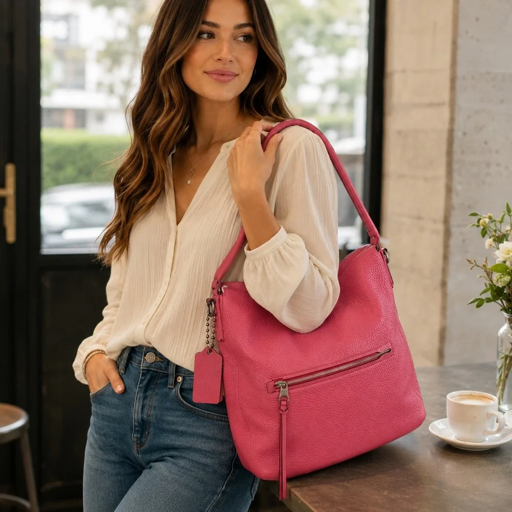 Coach Bleecker Sullivan Hobo F31623 Pebbled Leather Pink Coral Shoulder Bag L